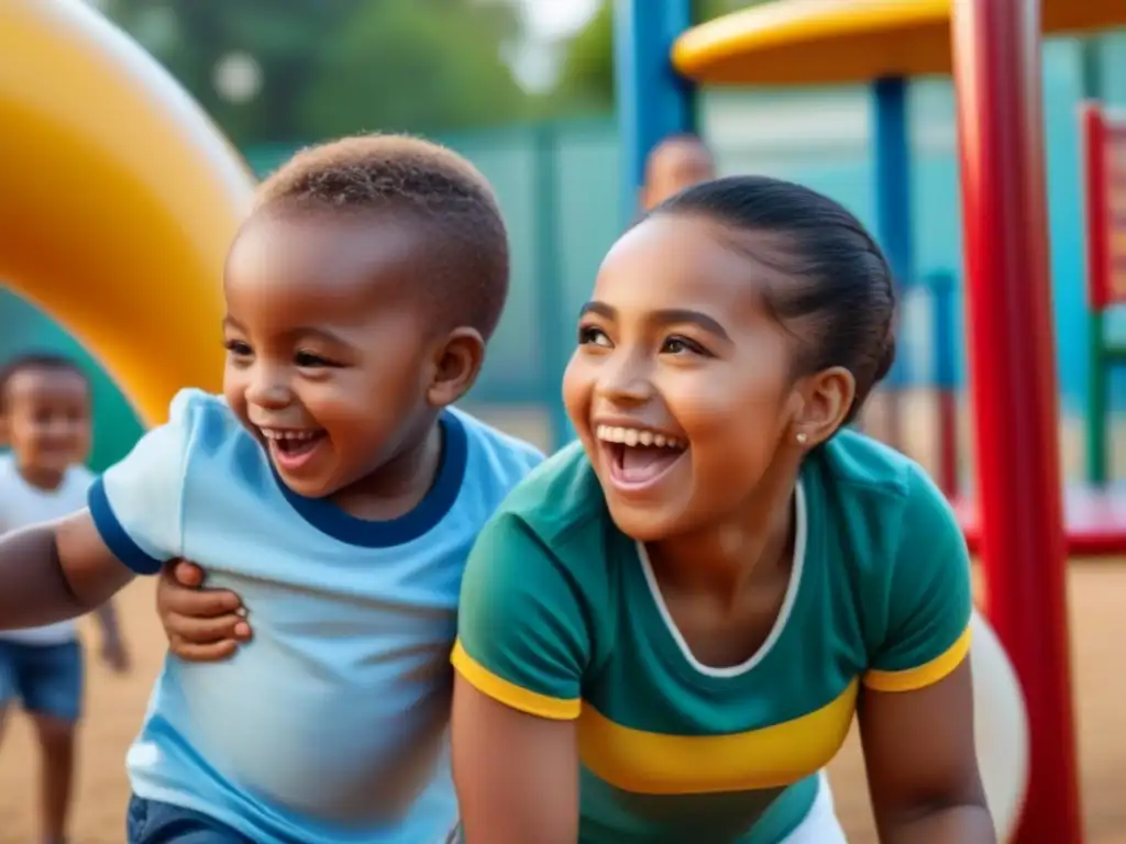 Jugando juntos: multiculturalismo y adopción internacional Un grupo diverso de niños felices juega juntos en un parque inclusivo, destacando la belleza de la multiculturalidad y la importancia de la adopción internacional y el derecho matrimonial