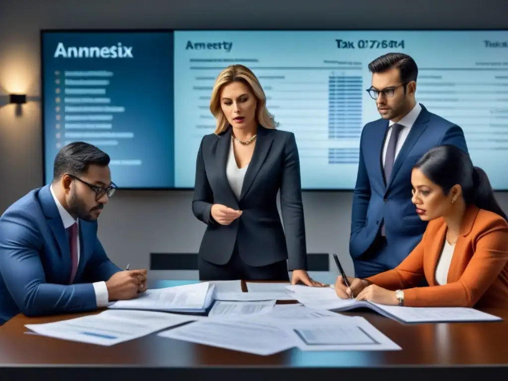 Un grupo diverso de personas examina documentos financieros sobre las consecuencias de las leyes de amnistía fiscal en una oficina seria y detallada
