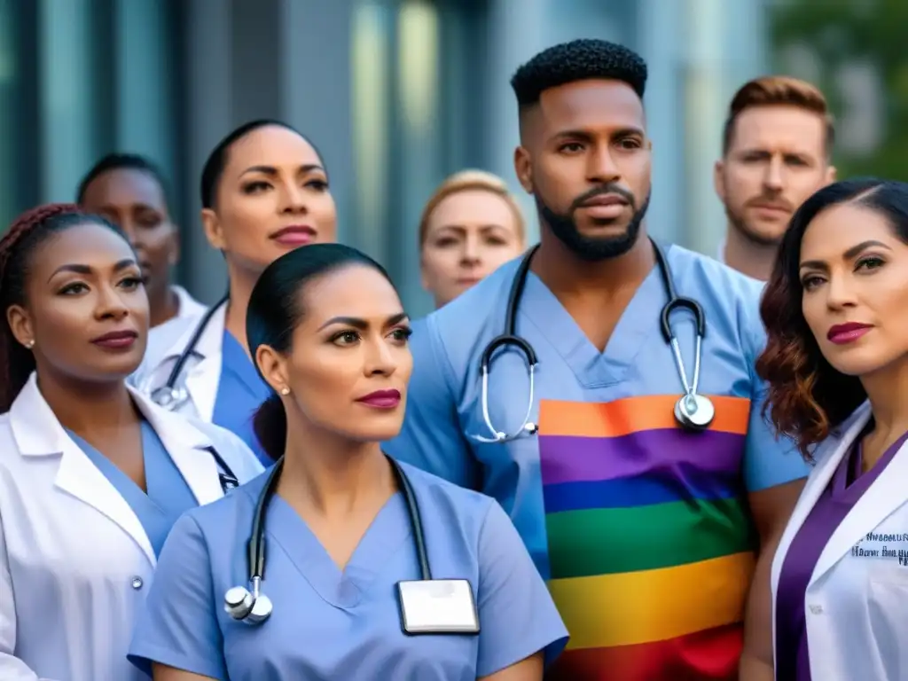 Solidaridad LGBTQ+ en salud: lucha por igualdad en Centroamérica Un grupo diverso de personas LGBTQ+ en un entorno de salud luchando por acceso igualitario a servicios médicos en Centroamérica