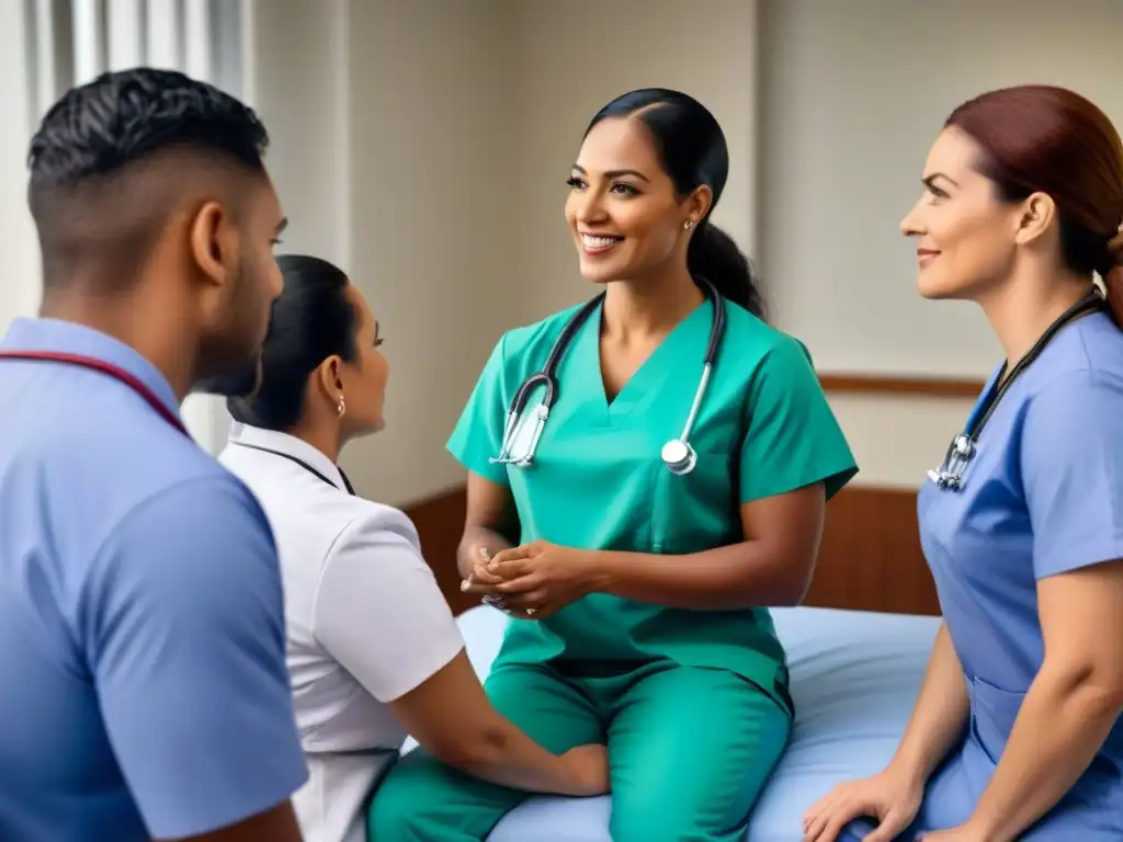 Clínica inclusiva: LGBTQ+ recibiendo cuidado médico en Centroamérica Un grupo diverso de personas LGBTQ+ recibe atención médica en un centro de salud en Centroamérica, reflejando un ambiente inclusivo y de apoyo