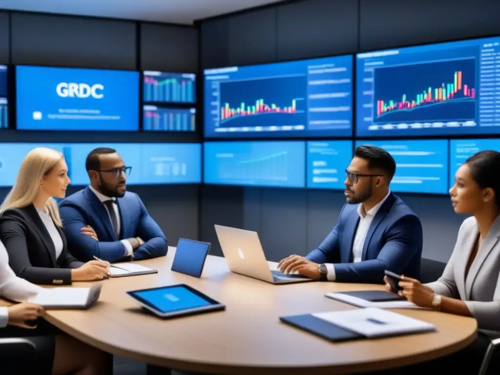 Profesionales financieros debaten estrategias postGDPR en Europa Un grupo diverso de profesionales financieros en una oficina moderna discuten estrategias de inversión postGDPR en Europa