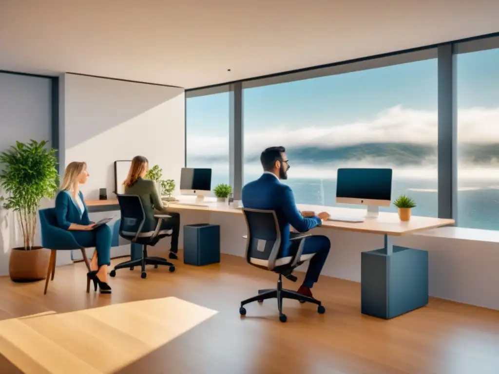 Teletrabajo en España: Diversidad y Productividad en Casa Un grupo diverso de teletrabajadores en España, cada uno concentrado en su labor en hogares luminosos