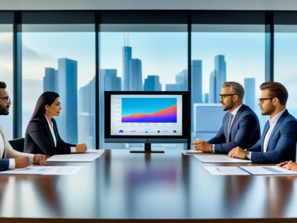 Revisión financiera en oficina moderna: transparencia y análisis de campaña Grupo revisando documentos financieros en oficina moderna con vista a la ciudad