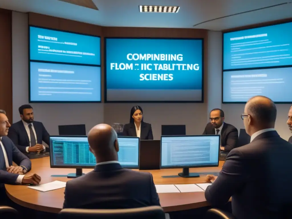 Grupo de expertos legales y oficiales debatiendo estrategias legales contra piratería en una sala iluminada tenue