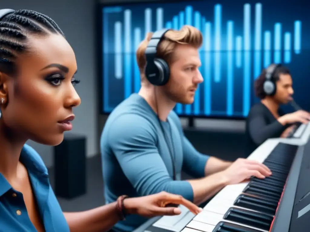 Grupo de músicos concentrados en componer música en estudio moderno, rodeados de tecnología avanzada y software de edición