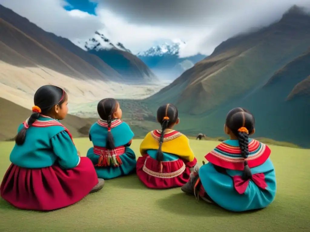 Un grupo de niños quechuas en vestimenta tradicional participando en una clase al aire libre en los Andes