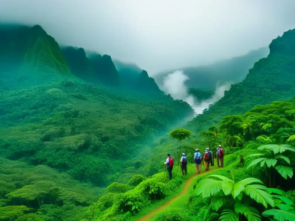 Grupo de turistas siguiendo a un guía local en la exuberante selva de Panamá, demostrando prácticas responsables de turismo