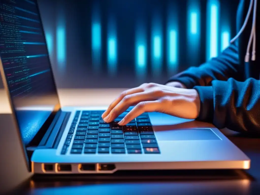Un hacker con capucha teclea rápidamente en un laptop moderno rodeado de pantallas con código, en una habitación oscura