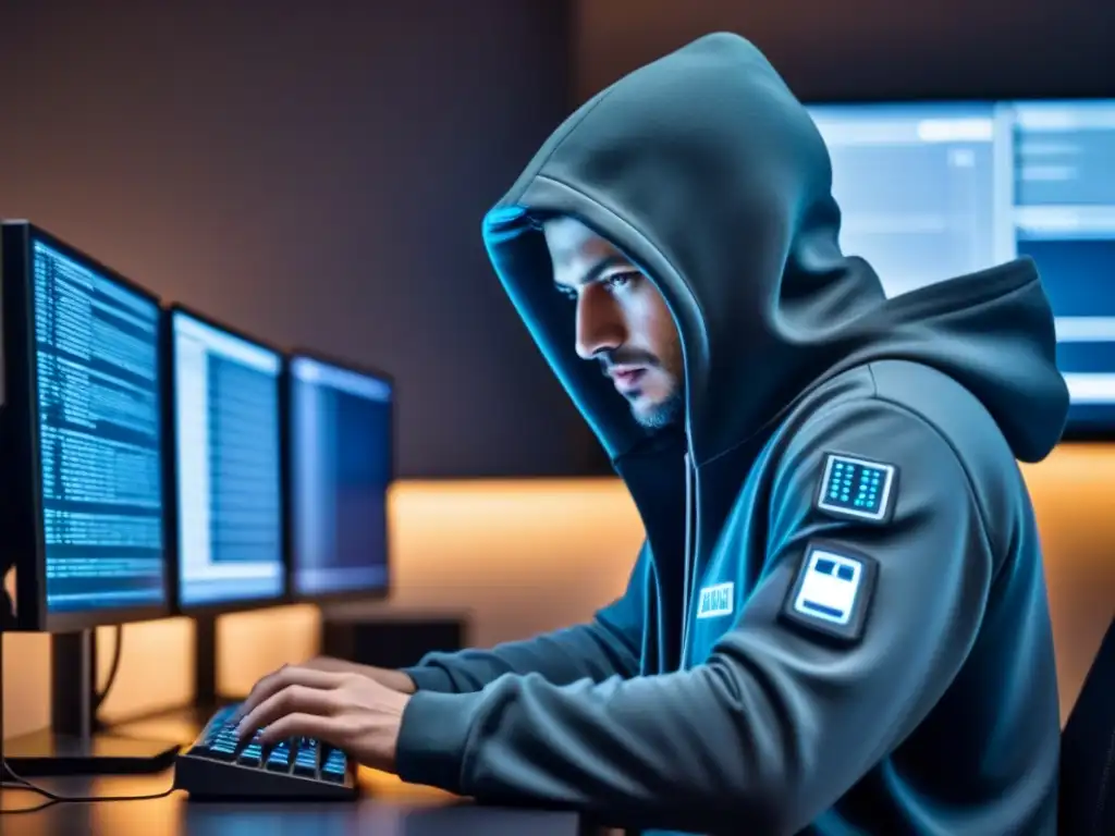 Un hacker concentrado en una habitación tenue, rodeado de pantallas con códigos y sistemas de seguridad