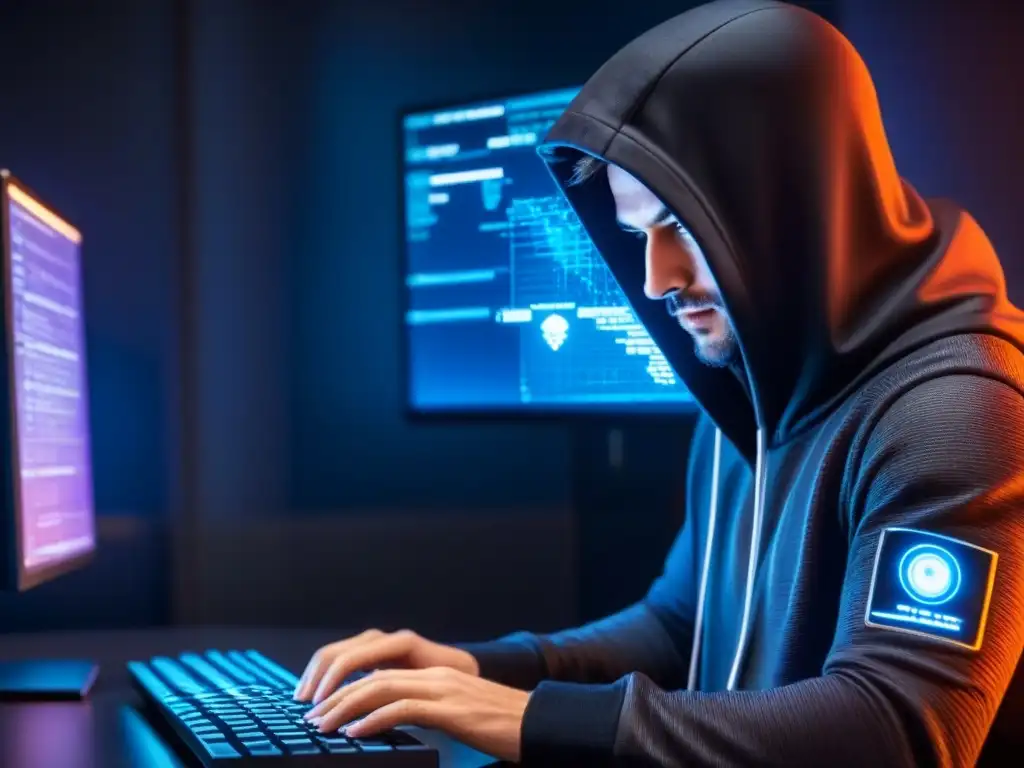 Un hacker en una habitación oscura, rodeado de pantallas brillantes con líneas de código y un mapa del mundo iluminado