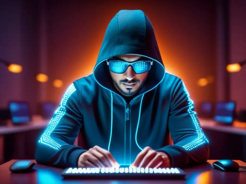 Un hacker en una habitación tenue, rodeado de pantallas de código, cables y dispositivos