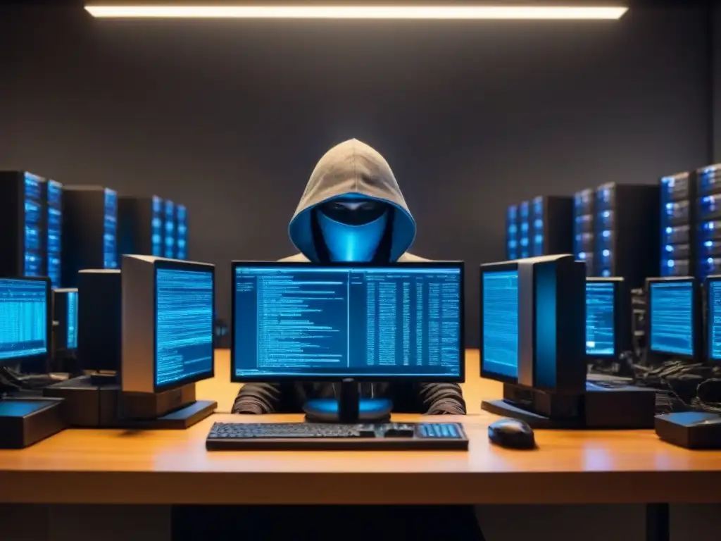 Un hacker en la penumbra frente a múltiples pantallas con códigos y sitios de piratería, rodeado de discos duros y USBs