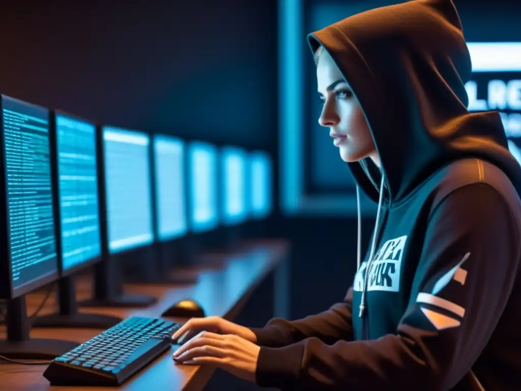 Un hacker en la sombra teclea frenéticamente en una habitación oscura iluminada por pantallas de código