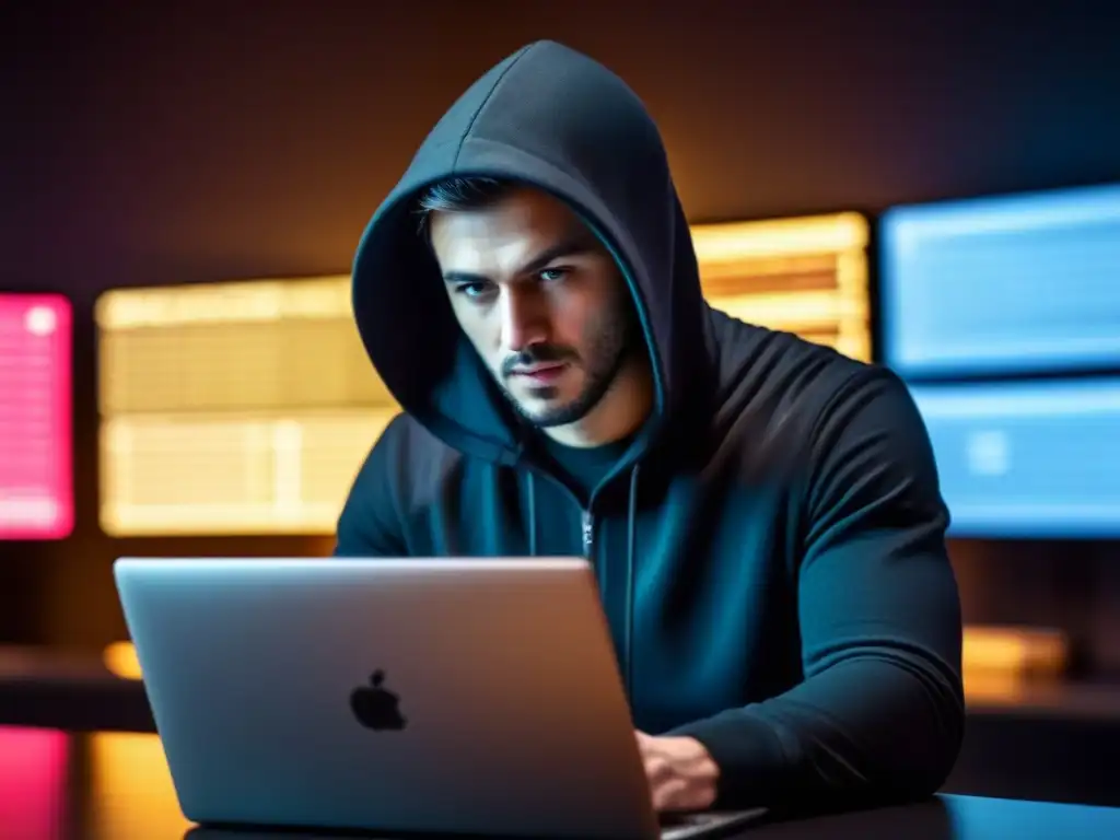 Hacker en la sombra, rodeado de código y alertas de seguridad