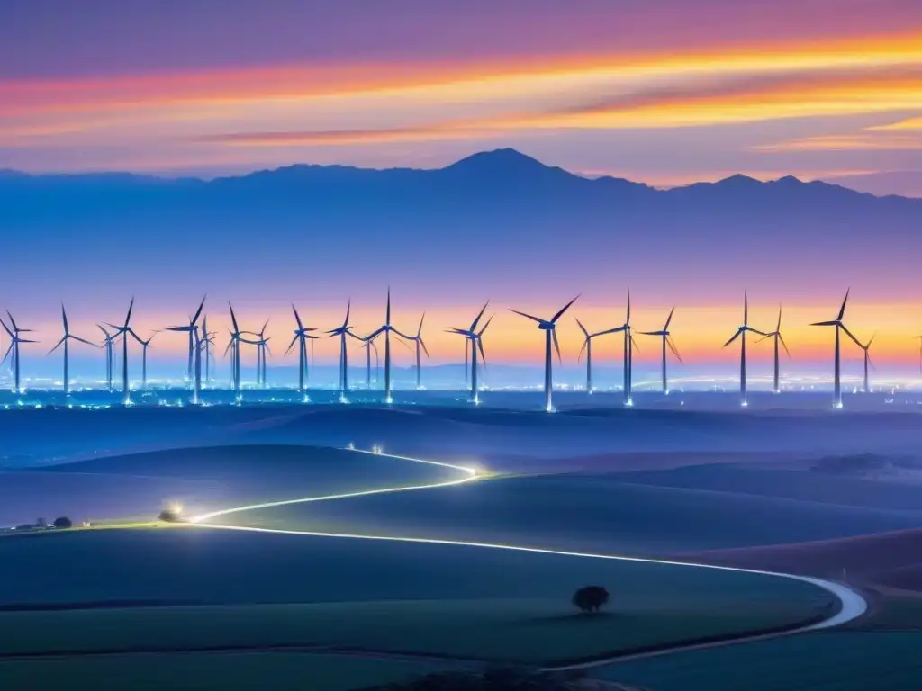 Un horizonte lleno de molinos de viento en México, al atardecer