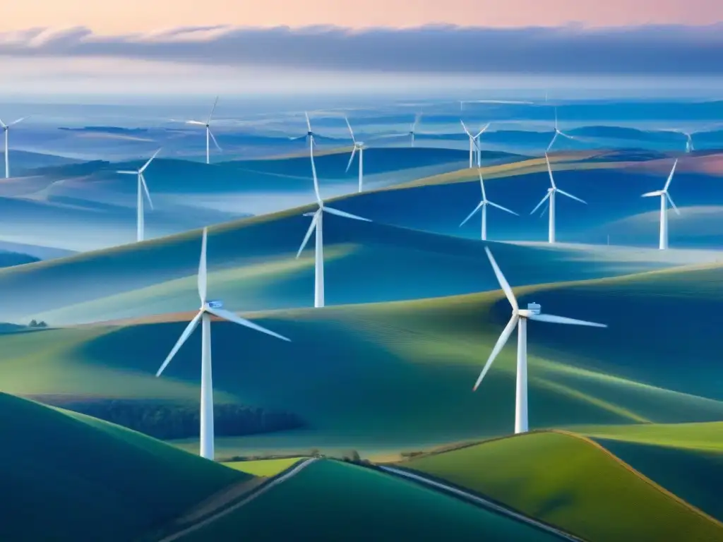 Un horizonte de molinos de viento en movimiento en armonía con la naturaleza y tecnología, destacando las regulaciones energéticas Cono Sur