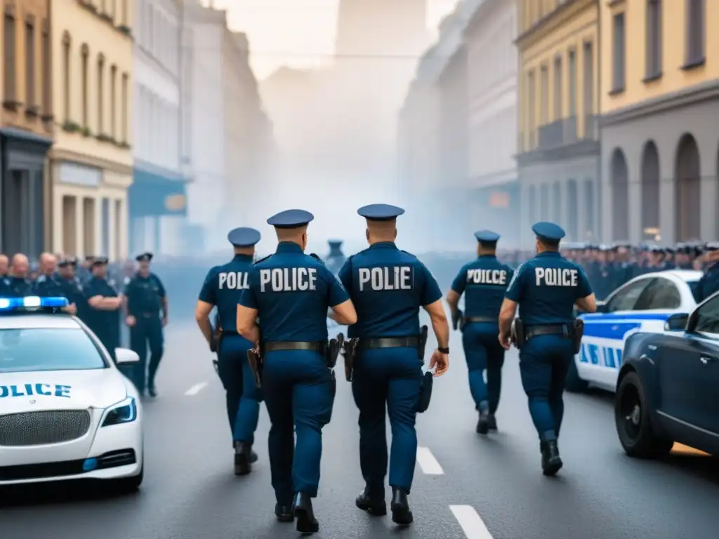 Una imagen de alta resolución que muestra una calle de ciudad bulliciosa con policías de diversos países en un ejercicio de entrenamiento colaborativo
