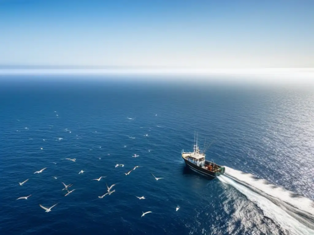 Imagen del alto mar en el Cono Sur con barco pesquero y gaviotas, reflejando reglamentos pesca alto mar Cono Sur