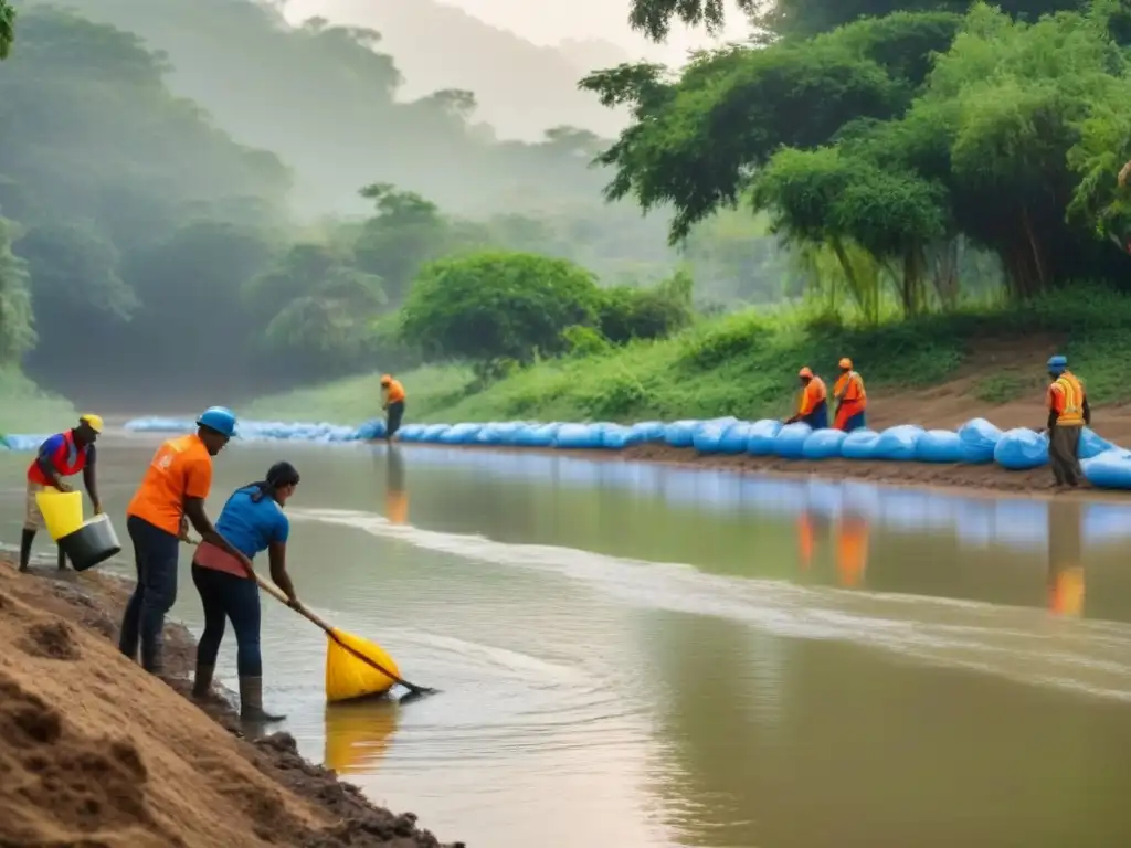 Una imagen detallada de ciudadanos apasionados de diferentes partes del mundo trabajando juntos en un proyecto de conservación de agua comunitario