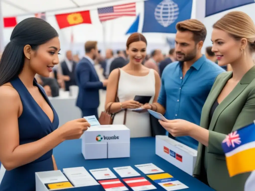 Feria comercial internacional: intercambio global de negocios Imagen de una feria comercial internacional con asistentes diversos intercambiando tarjetas y discutiendo, rodeados de banderas de diferentes países