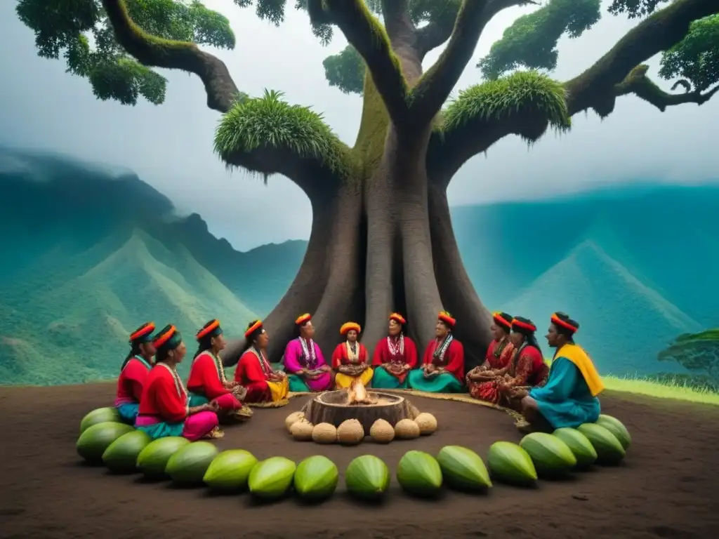 Impactante comunidad indígena de Centroamérica bajo árbol ancestral, unidos en ceremonia tradicional, reflejando la conexión con la tierra y el impacto de leyes centroamericanas