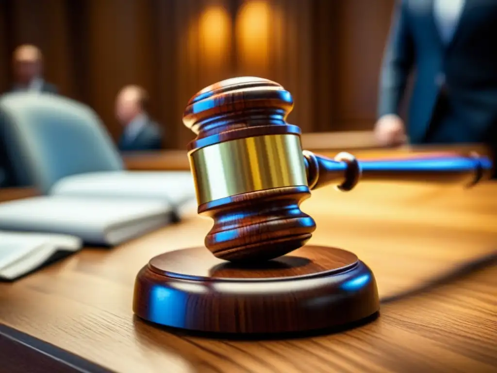 Martillo de juez impactando en bloque de madera: intensidad legal Impactante gavel golpeando madera en un tribunal, reflejando la seriedad y gravedad de las normativas de violación derechos autor videojuegos