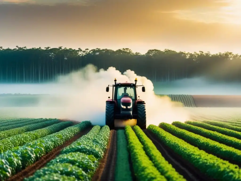Campo de soja en Sudamérica: impacto ambiental Impacto ambiental en campo de soja de Sudamérica con agroquímicos, trabajadores y bosque