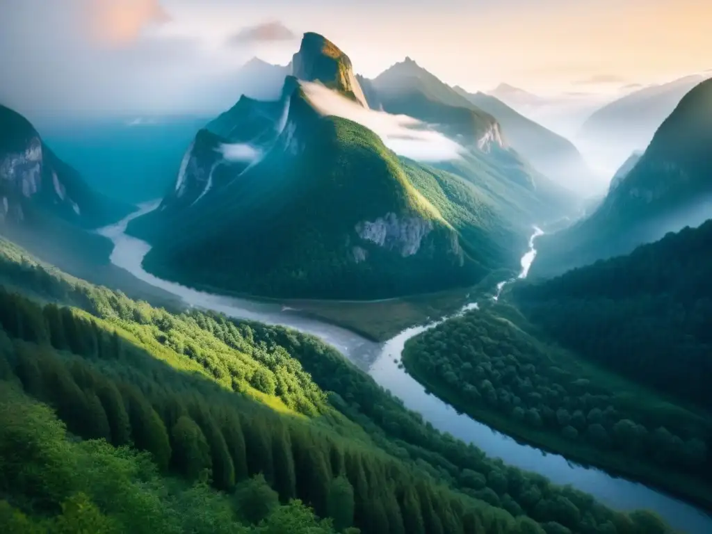 Impacto de políticas en la conservación de ecosistemas montañosos: paisaje montañoso con río serpenteante y bosques densos