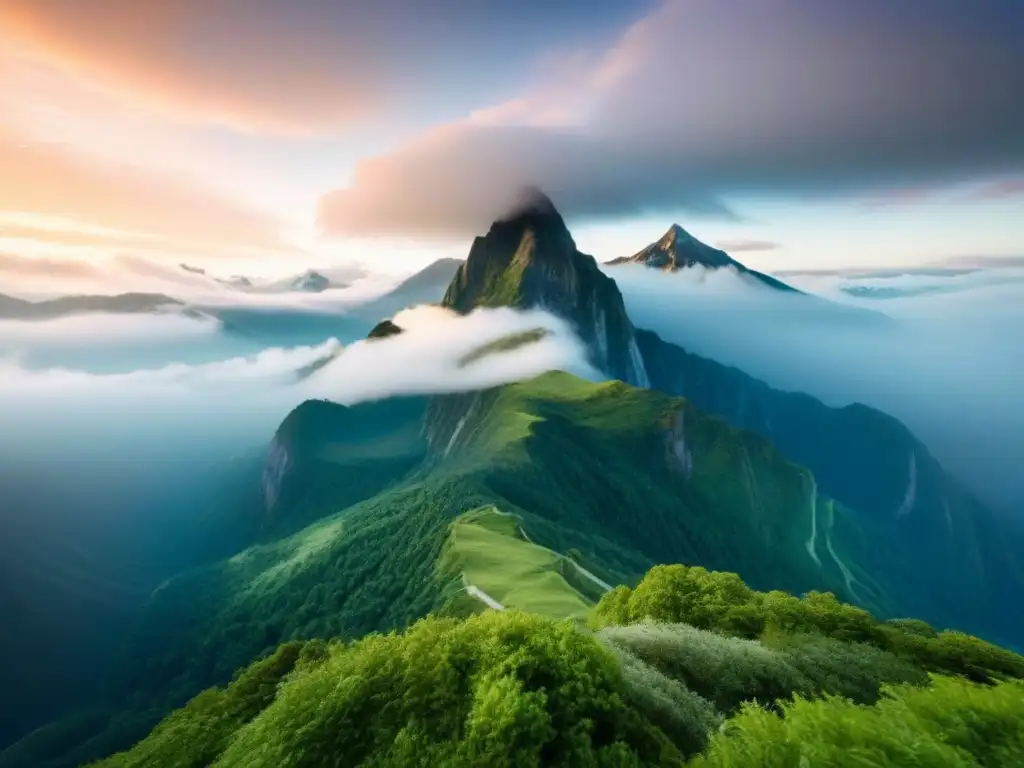 Imponente cordillera envuelta en niebla, bosques verdes y picos nevados bajo un cielo dramático