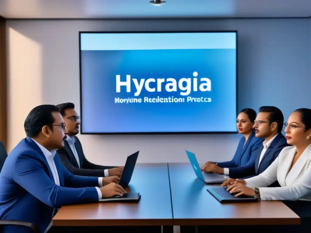 Importante reunión de funcionarios nicaragüenses y expertos en protección de datos discutiendo la legislación sobre protección de datos en Nicaragua en una sala de conferencias moderna