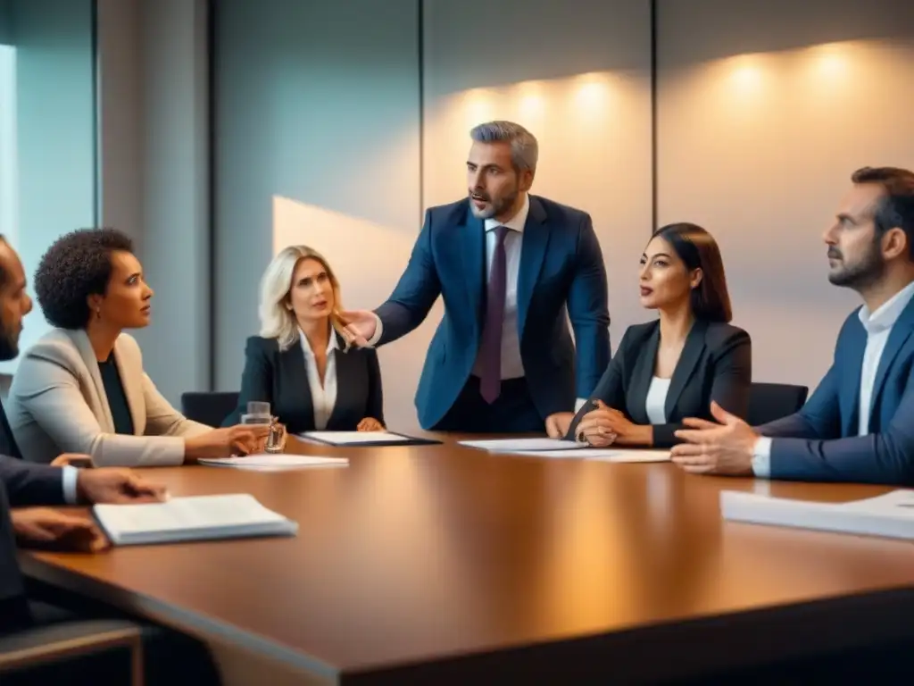 Reunión crucial: reformas legales para ONGs en España Importante reunión de stakeholders discutiendo reforma legal ONG España impacto en moderna sala de juntas