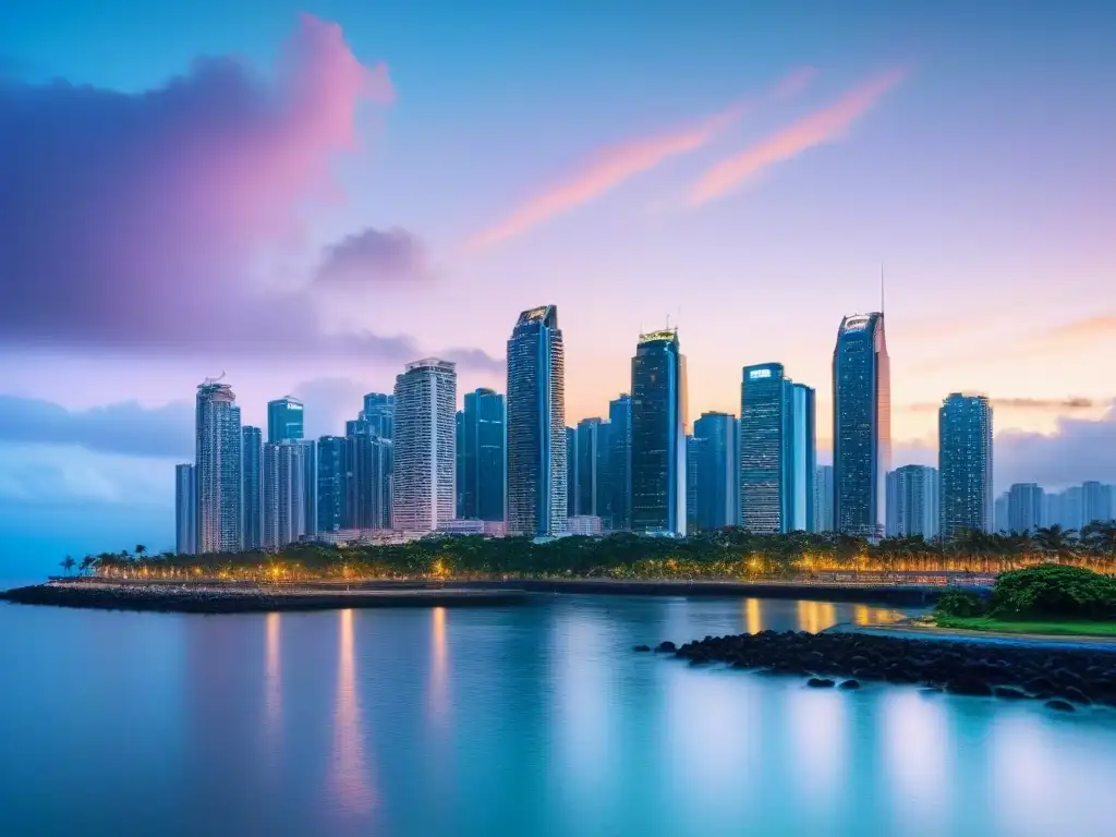 Impresionante horizonte de la serena Ciudad de Panamá al anochecer, reflejando las regulaciones turismo Panamá