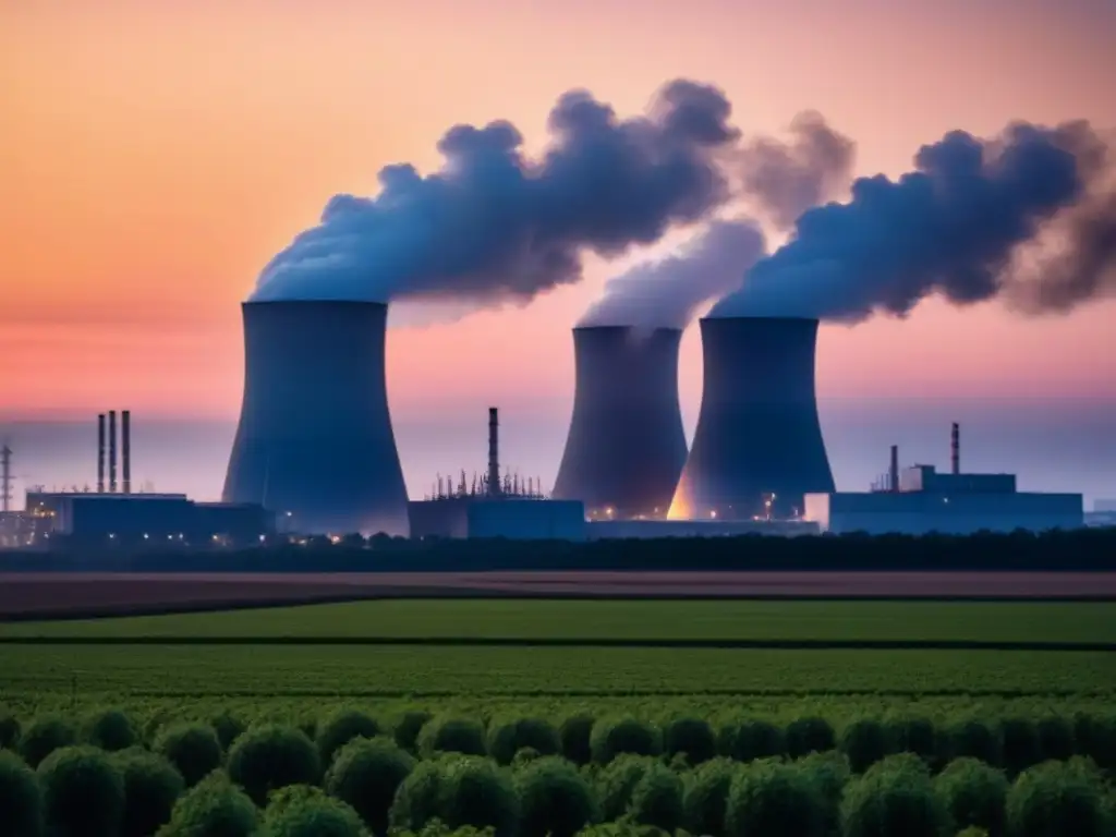 Planta nuclear al atardecer: escala industrial y naturaleza Impresionante planta nuclear al atardecer, simbolizando la regulación de la energía nuclear en el Derecho Andino
