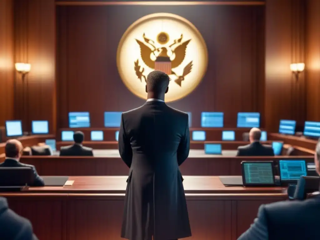 Impresionante ilustración de un tribunal con figuras sombrías en una intensa batalla legal sobre la regulación de la piratería digital