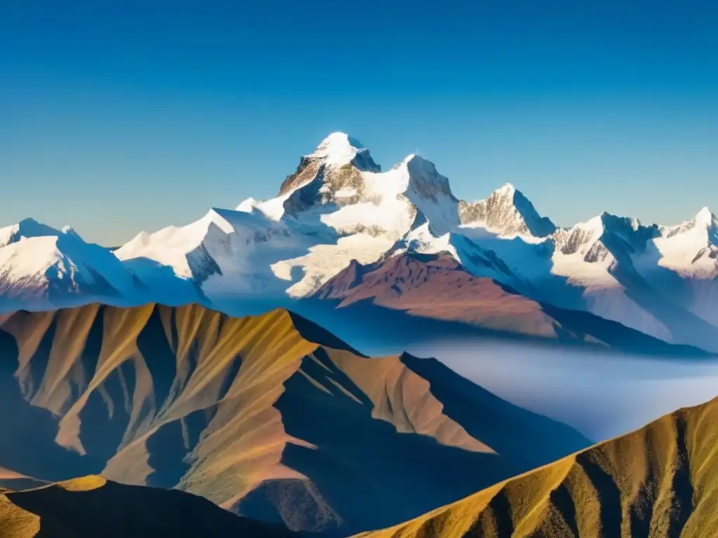 Esplendor andino: majestuosidad de los picos nevados Impresionante vista aérea de la cordillera de los Andes, destacando su terreno agreste y picos nevados bajo un cielo azul