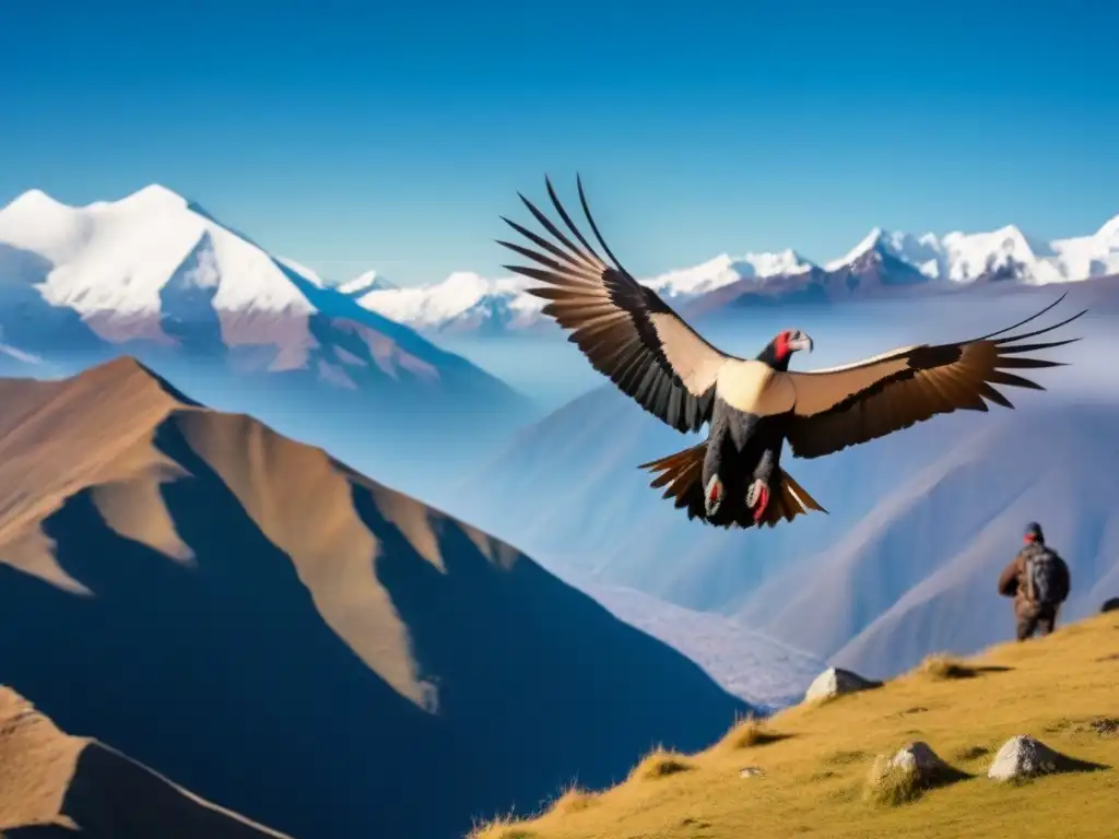 Imponentes cóndores andinos sobrevolando majestuosamente la cordillera Impresionante vuelo de cóndores sobre montañas nevadas, destacando la Conservación montañosa en Derecho Andino