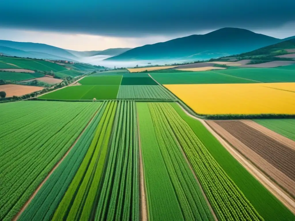 Campo agrícola en España: tradición y armonía rural Influencia normativa agrícola UE España: Vista panorámica de campos verdes con labriegos y casas rurales típicas españolas