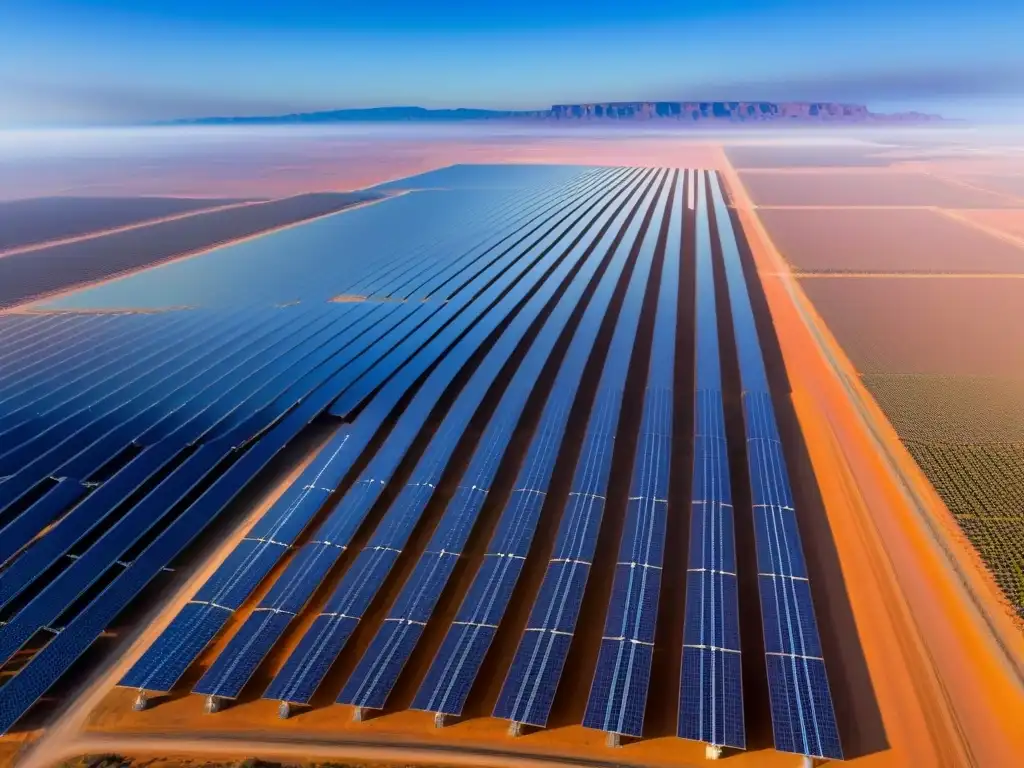 Granja solar en desierto: eficiencia renovable Un inmenso campo de energía solar en el desierto, con paneles relucientes bajo el cielo azul