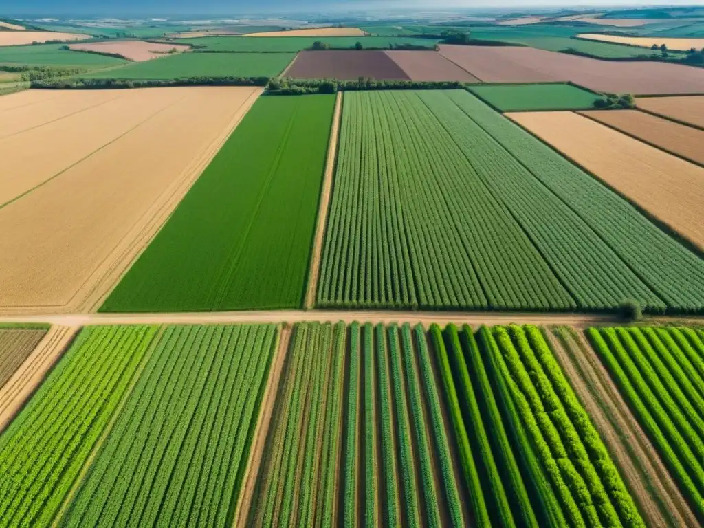 Patrones agrícolas en España: Impacto de reglamentaciones de la UE Inmensos campos agrícolas en España bajo el sol, reflejando la influencia normativa agrícola UE España