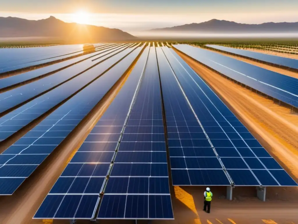 Revolution solar en México: inspección de paneles en desierto Innovadoras regulaciones en la revolución de energía solar en México, ingenieros inspeccionan granja solar en el paisaje árido