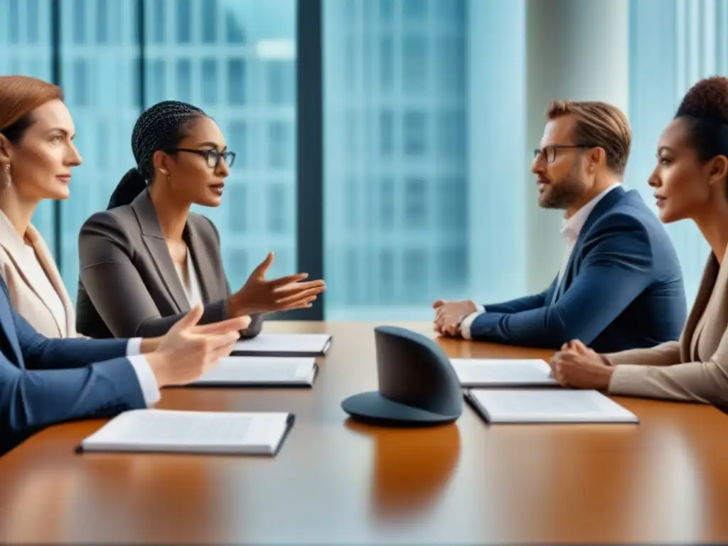 Expertos legales debaten sobre IA en ambiente colaborativo Una inspiradora reunión de expertos legales de diversas culturas y géneros, debatiendo sobre leyes de IA
