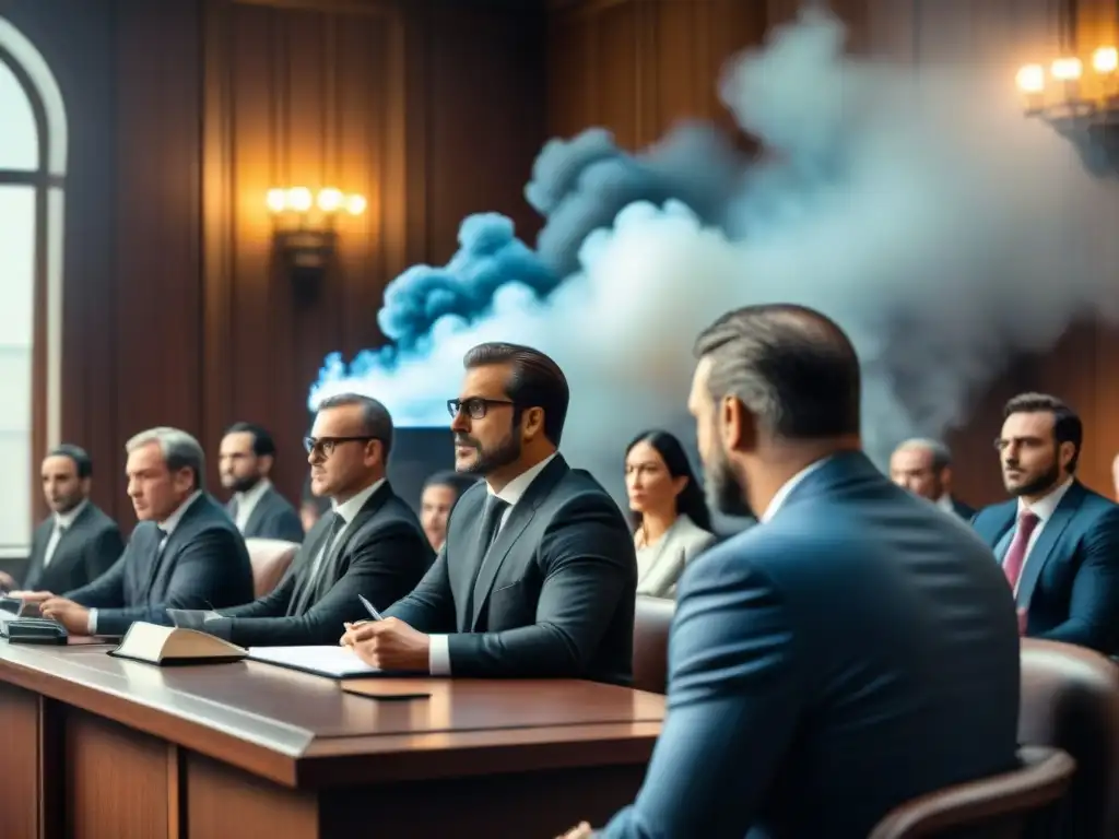 Intensa batalla legal contra piratería: abogados argumentan estrategias legales, jueces atentos, público diverso