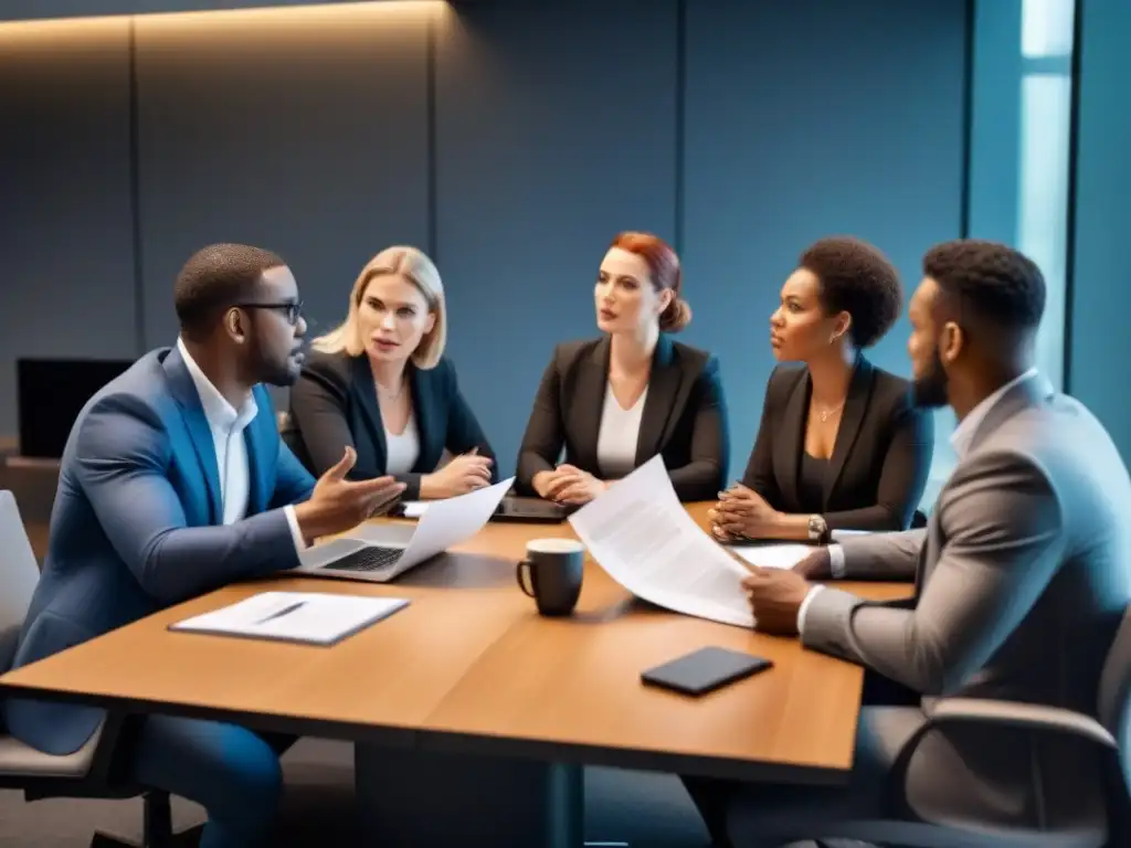 Intensa discusión sobre nueva ley comunicación audiovisual implicaciones en moderna sala de conferencias en blanco y negro