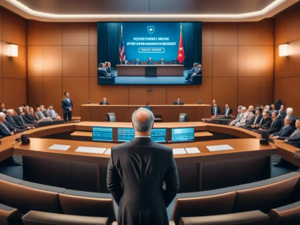 Disputa de propiedad intelectual en la industria del videojuego: sala de audiencias moderna y tensa Intensa disputa legal en tribunal moderno por violación de derechos autor en la industria de videojuegos