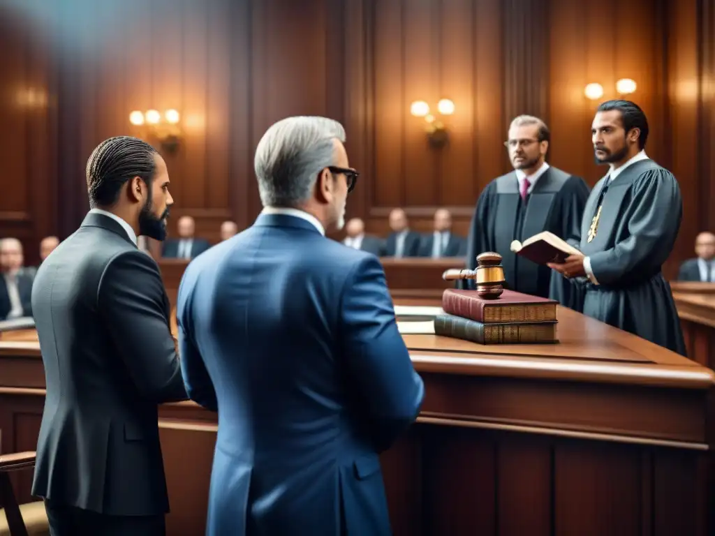 Intensas estrategias legales contra piratería en un dramático juicio con abogados, juez y espectadores