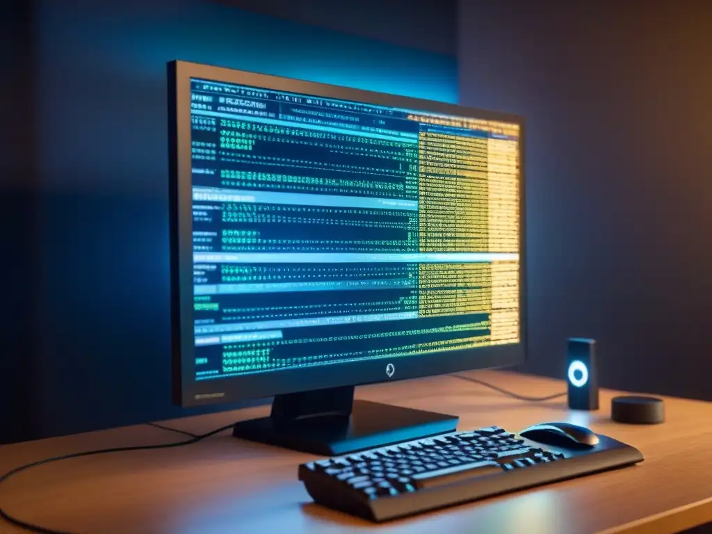 Un intrincado sistema de piratería digital en ejecución, con códigos y servidores interconectados, iluminado por una misteriosa luz