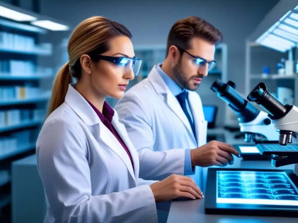 Expertos en biotecnología analizan secuencias genéticas en laboratorio Investigadores analizan secuencias genéticas en laboratorio de empresas biotecnología cumplimiento normativo