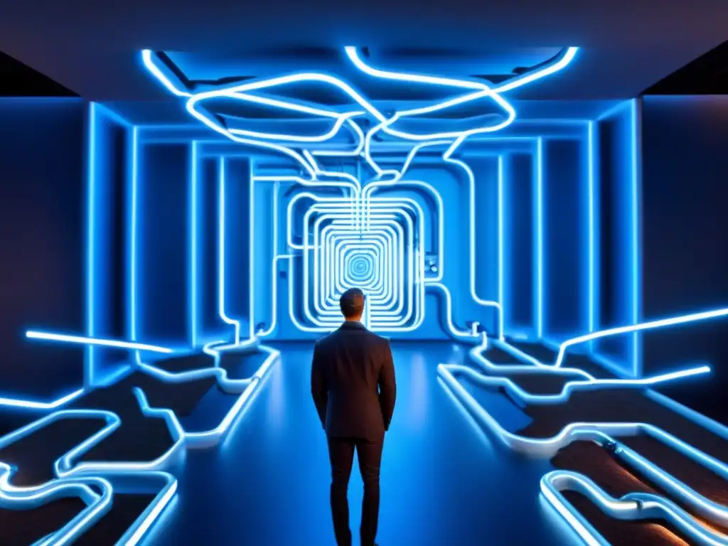 Laberinto digital: desafíos legales en inteligencia artificial Laberinto digital iluminado en azul, simbolizando la complejidad de las leyes de IA