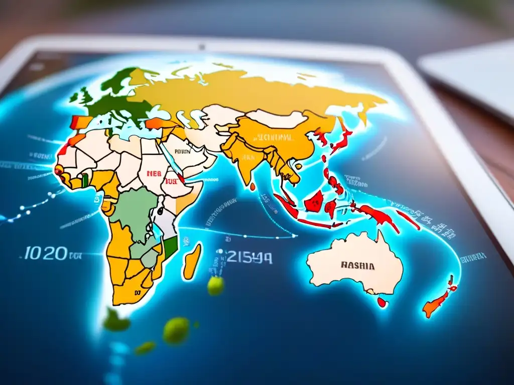 Mapa digital: Rutas comercio global y leyes ecommerce Un laberinto de rutas comerciales globales en un mapa digital, con dispositivos electrónicos dispersos, leyes internacionales comercio electrónico