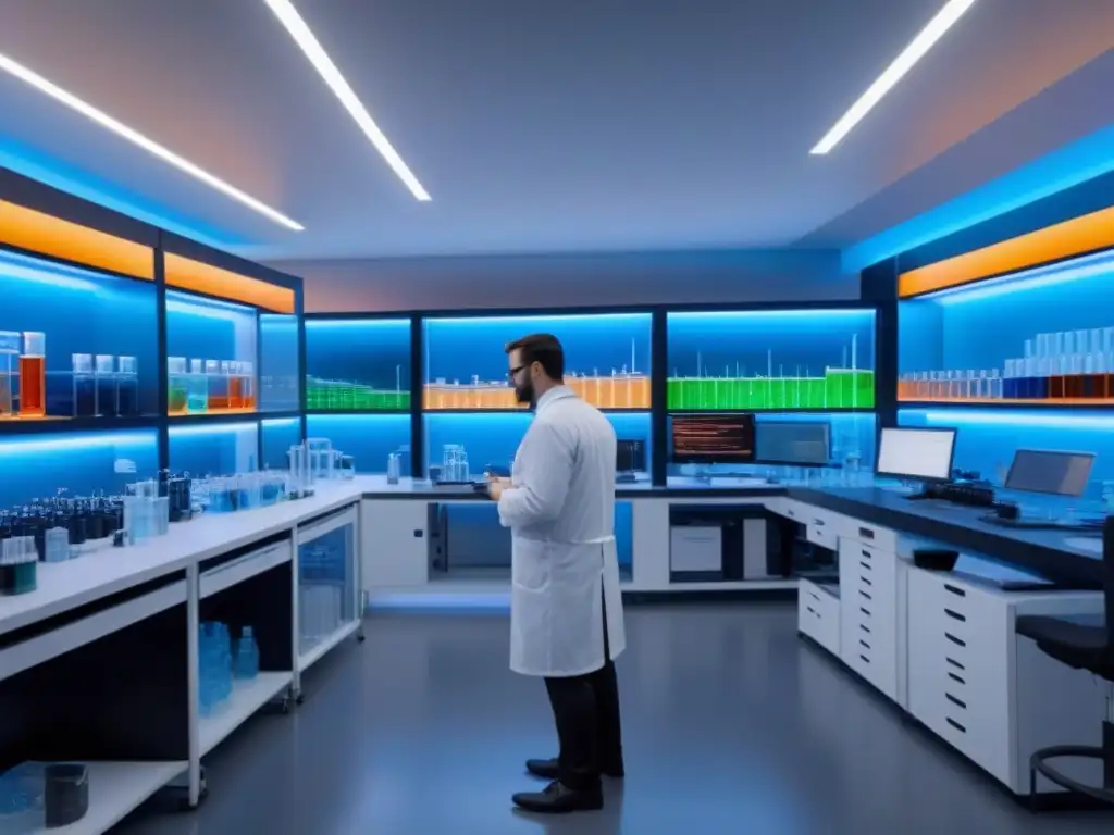 Avanzada laboratorio biotecnológico: innovación y precisión Un laboratorio de biotecnología bullicioso con científicos en batas blancas trabajando en experimentos